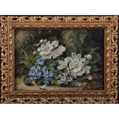 132 - Oliver Clare (1853-1927) British. Still Life of Flowers on a Mossy Bank, Oil on Canvas, Signed, 7” x... 