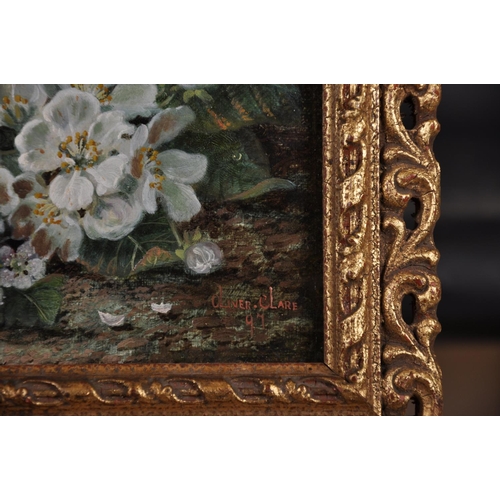 132 - Oliver Clare (1853-1927) British. Still Life of Flowers on a Mossy Bank, Oil on Canvas, Signed, 7” x... 