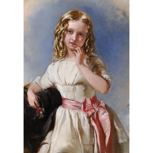 135 - James Sant (1820-1916) British. Study of a Young Girl, in a white Dress with a pink Sash, holding a ... 