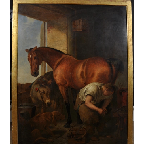 139 - After Edwin Henry Landseer (1802-1873) British. “Shoeing”, in the Blacksmiths, Oil on Canvas,  56” x... 