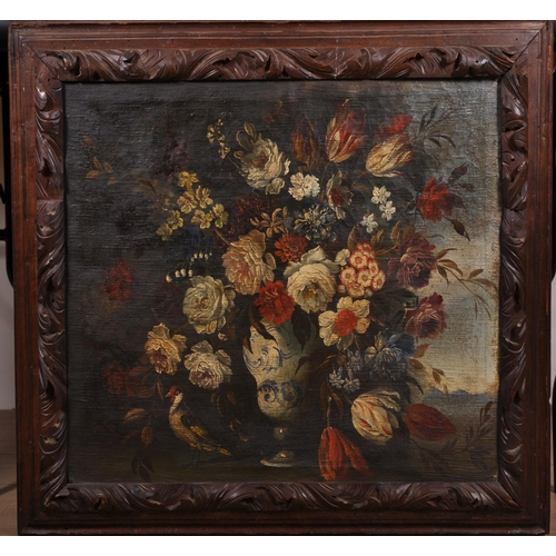 14 - 18th Century Italian School. Still Life of Flowers in a Chinese Vase, Oil on Canvas, in a Carved Woo... 