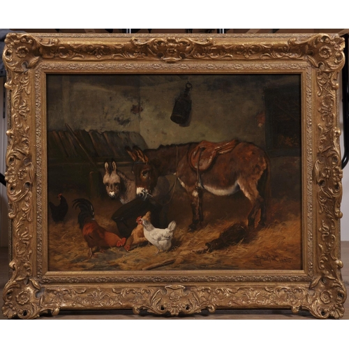 147 - Arthur Batt (1846-1911) British. ‘Farmyard Friends', with Two Donkeys and Chickens, Oil on Canvas, S... 