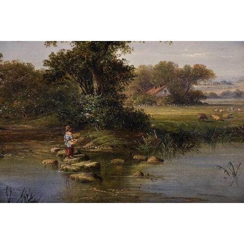 148 - Walter Heath Williams (1835-1906) British. A River Landscape, with a Girl Standing on Stepping Stone... 