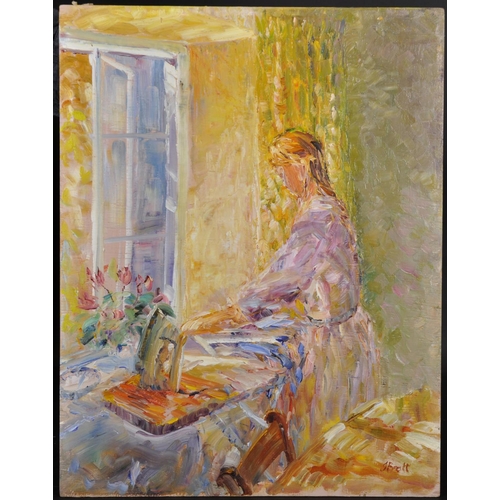 166 - Jeffrey Pratt (1940-    ) British. A Lady Ironing, Oil on Panel, Signed, Unframed,  18” x 14” (45.7 ... 