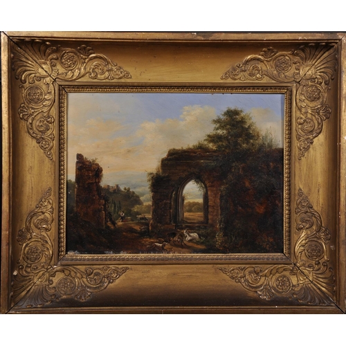 19 - Early 19th Century French School. A Shepherd and his Flock by Classical Ruins, Oil on Canvas, 9.75” ... 