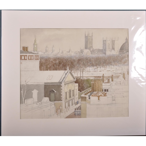 205 - Stephen Maiden (20th Century) British. “Westminster Abbey from St James’s”, Watercolour and Pencil, ... 