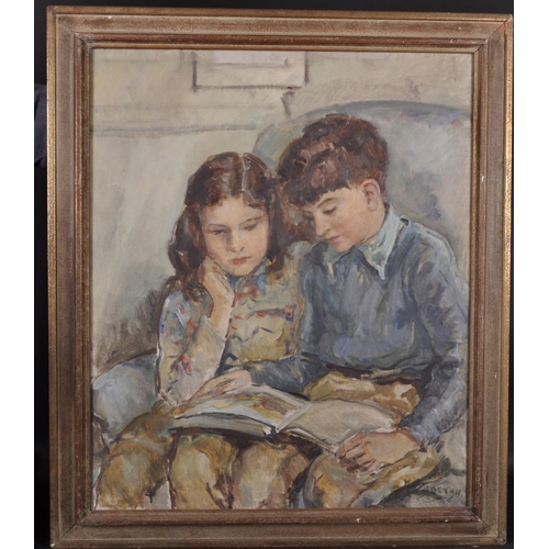 219 - Marjorie Mostyn (1893-1979) British. Study of Two Children Reading, Oil on Canvas, Signed, 30” x 25”... 