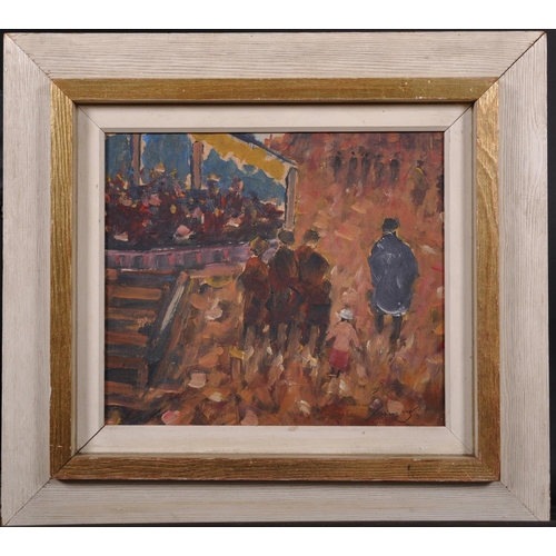 221 - Ken Moroney (1949-2018) British. Figures at a Fair, Oil on Board, Signed,  8.5” x 10” (21.5 x 25.4cm... 