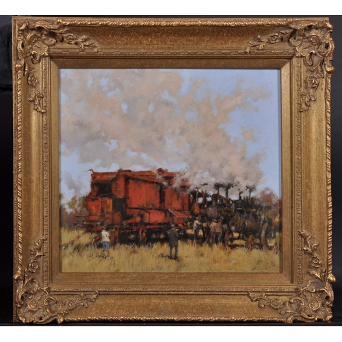 222 - Ken Moroney (1949-2018) British. “Dorset Steam Fair, Early Morning” Oil on Board, Signed, and Inscri... 