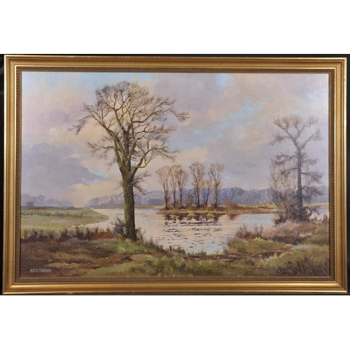 228 - Alwyn Crawshaw (1934-    ) British. A Tranquil River Landscape, Oil on Canvas, Signed,  24” x 36” (6... 