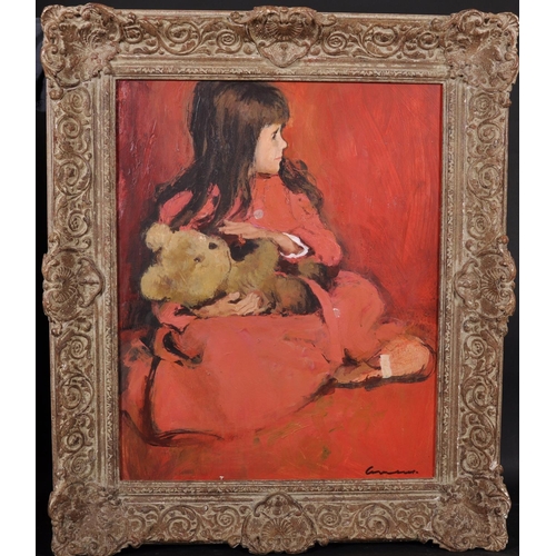 248 - Fred Laurent (1922-1995) British. Study of a Young Girl, Holding a Teddy Bear, Oil on Board, Signed,... 