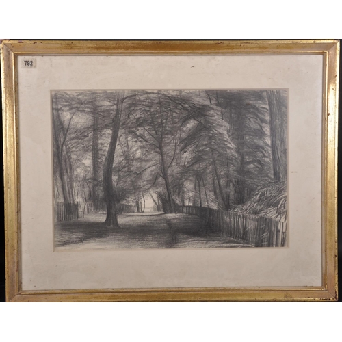 255 - James Stroudley (1906-1988) British. “Holland Park”, a Path with a Wooden Fence, Charcoal, Signed in... 