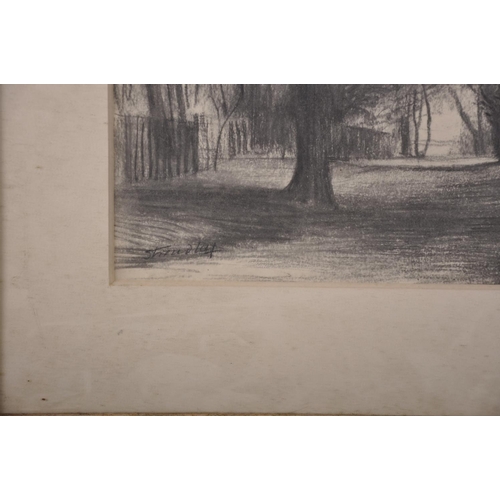 255 - James Stroudley (1906-1988) British. “Holland Park”, a Path with a Wooden Fence, Charcoal, Signed in... 