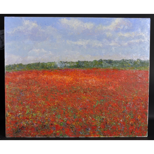 266 - Michael J Strang (1942-    ) British. “Poppy Field, Old Woking, Bonfire in Distance” Oil on Canvas S... 