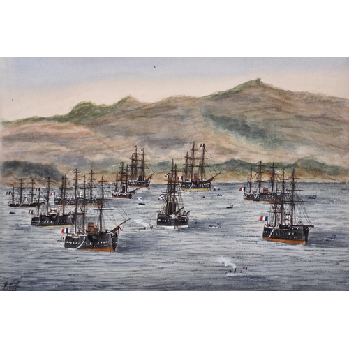 280 - J… S… M… (19th Century) European. “French Fleet Entering Villefranche 1880”, Watercolour, Signed, In... 