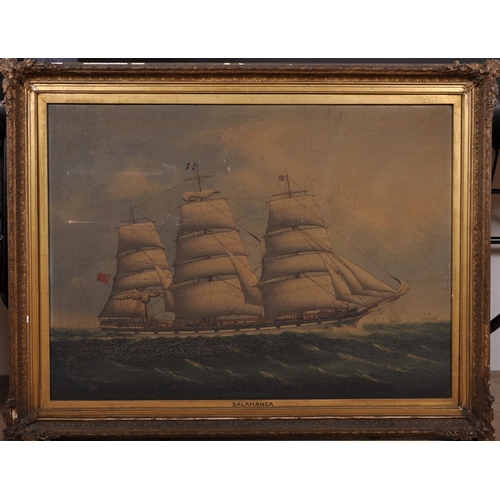 285 - 19th Century English School. “Salamanca”, a Three Masted Ship in Chinese Waters, Oil on Canvas, Insc... 