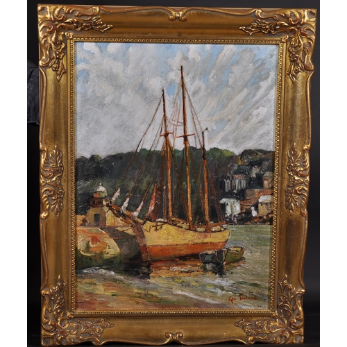 286 - George Turland (1877-1947) British. ‘Goosey’, a Moored Sailing Boat, Oil on Board, 16” x 12” (40.7 x... 