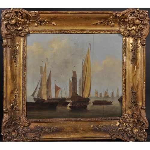 29 - Manner of Abraham Storck (c.1635-1710) Dutch. Boats in Calm Waters, Oil on Panel, 12” x 13.5” (30.5 ... 