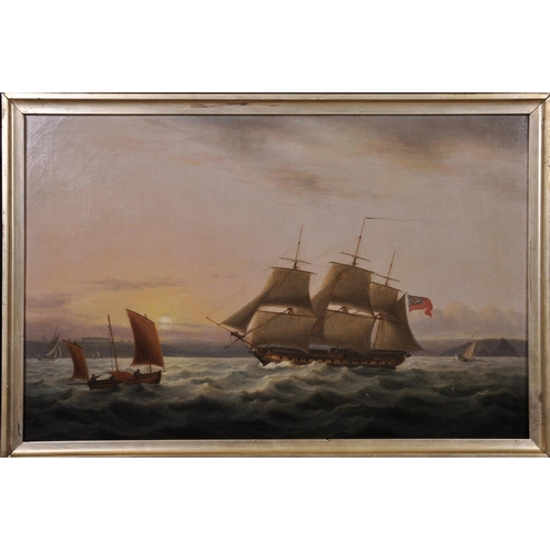 293 - Thomas Luny (1759-1837) British. A Seascape with a 32 Gun Frigate Off Plymouth Sound, Oil on Canvas,... 