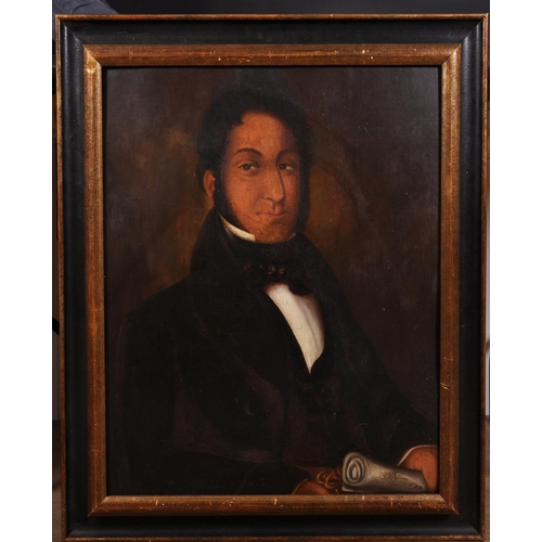 303 - 19th Century American School. Portrait of a Man Holding a Rolled Document, Oil on Board, Indistinctl... 