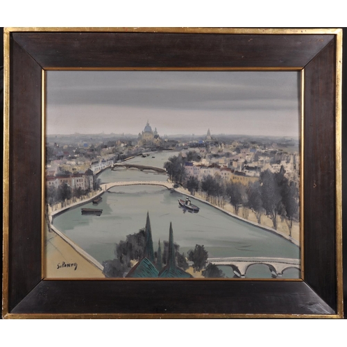 308 - Silvio Pinto (1918-1997) Brazilian. A Parisian Scene on the Seine, Oil on Canvas, Signed, 23.5” x 28... 