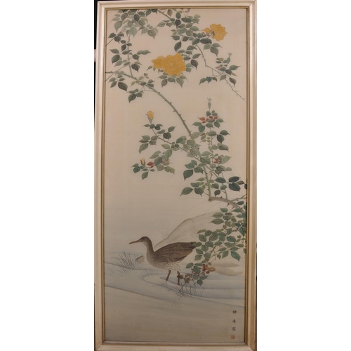 314 - 20th Century Chinese School. Study of a Bird Standing in a River Landscape, with a Rosebush in the f... 