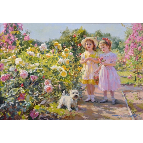 317 - Konstantin Razumov (1974-    ) Russian. “In the Rose Garden”, Two Young Girls picking Flowers, with ... 