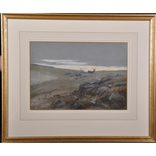 322 - Attributed to Harold Frank Wallace (1881-1962). Deer in a Highland Landscape, Gouache, 9.5” x 13.75”... 