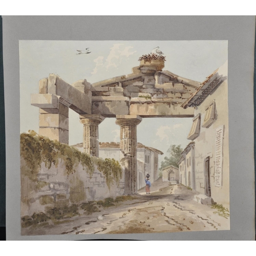 329 - 19th Century Italian School. A Figure Walking under a Ruin, Watercolour, Unframed, 7.75