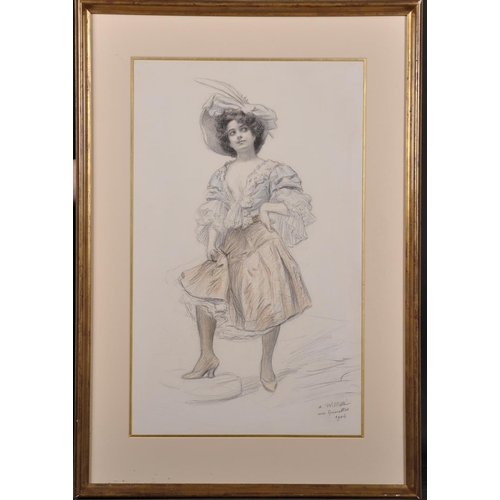 338 - Leon Adolphe Willette (1857-1926) French. “Aux Epinettes”, a Dancing Girl, Crayon (possibly over a p... 