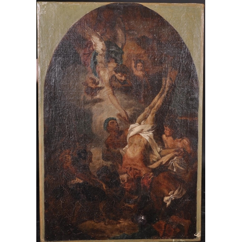 34 - Late 18th Century French School. Christ Coming down from the Cross, Oil on Canvas, Painted Arch, Unf... 