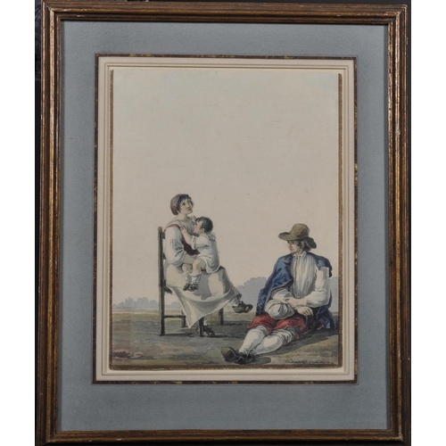 345 - Franz Keiserman (1765-1833) Swiss. A Mother and Two Children Resting, Watercolour, Signed, 9” x 6.75... 