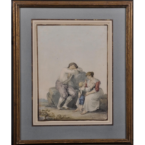 345 - Franz Keiserman (1765-1833) Swiss. A Mother and Two Children Resting, Watercolour, Signed, 9” x 6.75... 