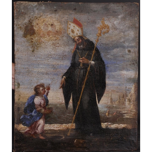 35 - 17th Century Italian School.  A Priest with a Small Child, Oil on Canvas, Unframed, 11.75” x 9.75” (... 