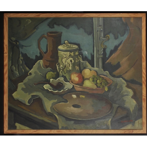 350 - Sangouard (20th Century) French. Still Life on a Table, Oil on Canvas, Signed, 31.5 x 39.5” (80 x 10... 
