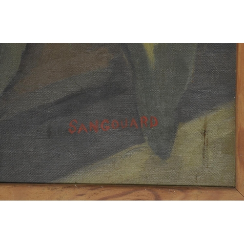 350 - Sangouard (20th Century) French. Still Life on a Table, Oil on Canvas, Signed, 31.5 x 39.5” (80 x 10... 