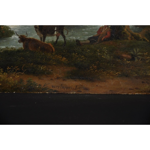 356 - Martin Verstappen (1773-1853) Belgian. A Mountainous River Landscape, with Cattle in the foreground,... 