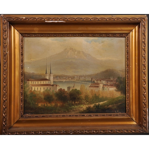 358 - E… Graven (19th – 20th Century) European. Lucerne with the Lake beyond, Oil on Board, Signed, 10” x ... 