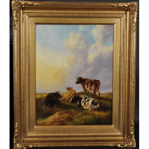 360 - Jan Bedjis Tom Boskoop Leiden (19th Century). European Cattle in a Landscape, Oil on Panel, 18” x 13... 