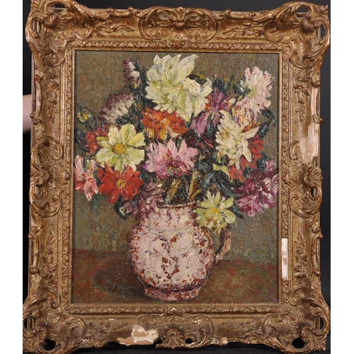 362 - Early 20th Century French School.  Still Life of Flowers in a China Jug, Oil on Board, Indistinctly ... 