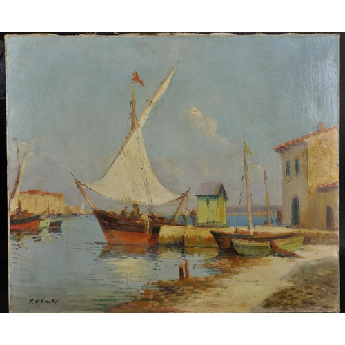 365 - R… U… Rinaldi (20th Century) Italian. A Harbour Scene with Figures and Boats, Oil on Canvas, Signed,... 