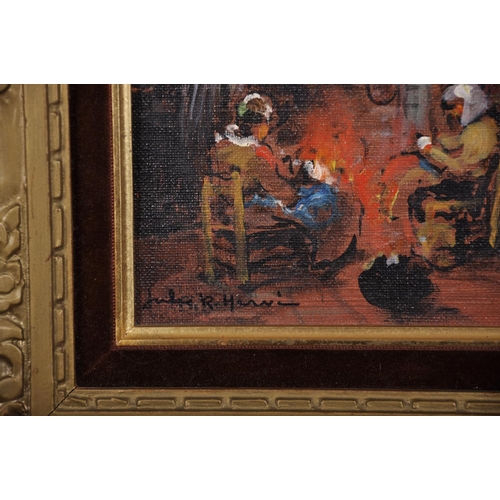 380 - Jules Rene Herve (1887-1981) French. Figures Knitting around a Fireplace, Oil on Canvas, Signed, and... 