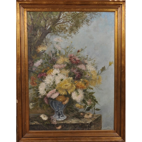 389 - 20th Century French School. Still Life of Flowers in a Chinese vase, Oil on Canvas, Indistinctly Sig... 