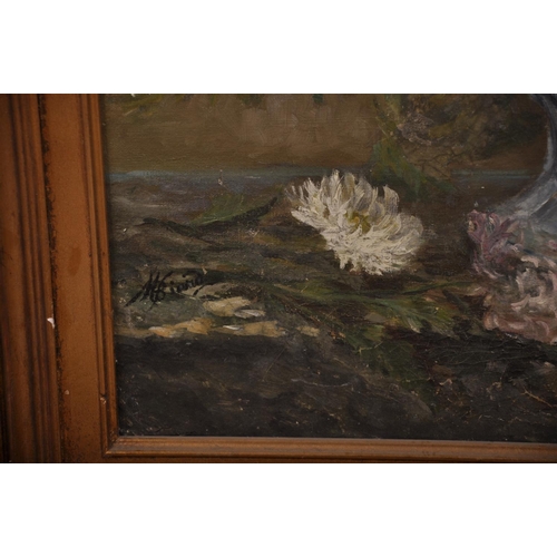 389 - 20th Century French School. Still Life of Flowers in a Chinese vase, Oil on Canvas, Indistinctly Sig... 