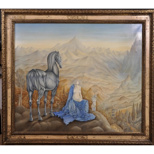 391 - 20th Century French School. A Surreal Landscape, with two Naked Ladies and a Horse, Oil on Canvas, I... 