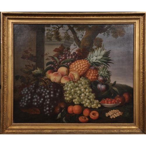 47 - 19th Century French School. Still Life of Fruit in a Basket on a Ledge, Oil on Canvas, in a French E... 