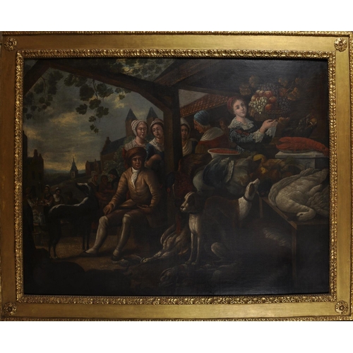 49 - 18th Century Dutch School. A Market Scene with Figures, Dogs and Game, Oil on Canvas, 43” x 57.5” (1... 