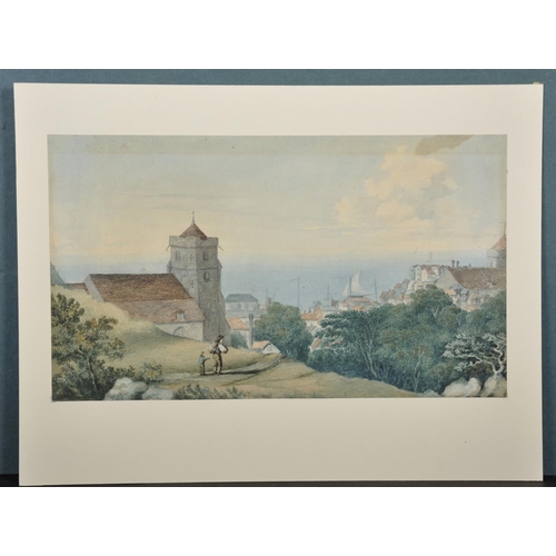69 - 19th Century English School. Figures by a Church with a Bay in the distance, Watercolour, Unframed, ... 