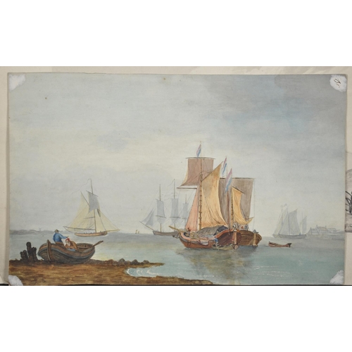 69 - 19th Century English School. Figures by a Church with a Bay in the distance, Watercolour, Unframed, ... 