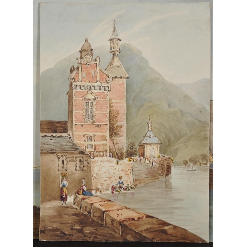 69 - 19th Century English School. Figures by a Church with a Bay in the distance, Watercolour, Unframed, ... 